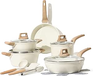 Pots and Pans Set Nonstick, White Granite Induction Kitchen Cookware